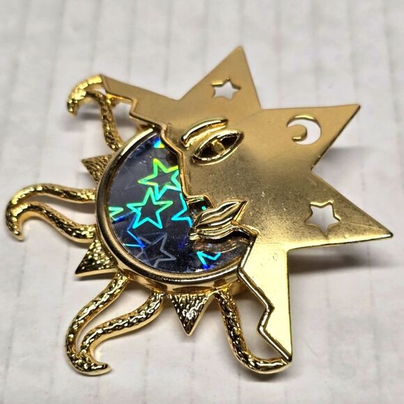 Vintage 80s Sun and Moon with Stars Celestial Holographic Brooch Boho Astrology - Picture 1 of 8